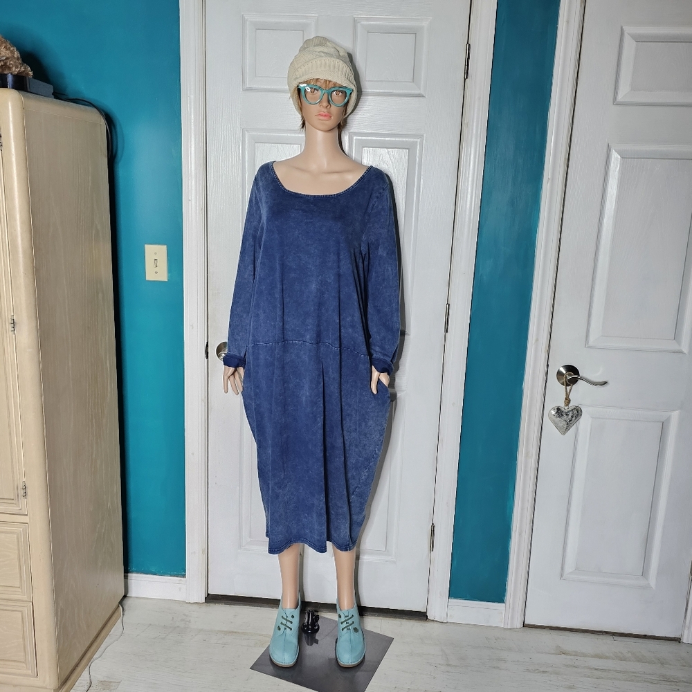 Mordenmiss Blue Denim Look Women's Baggy Travel Dress Layered Look NWOT